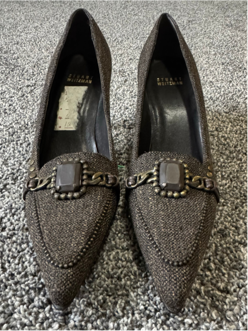 Stuart Weitzman Vintage Brown Tweed Tapestry Rockmoc Heels with Toe Jewel Size 7